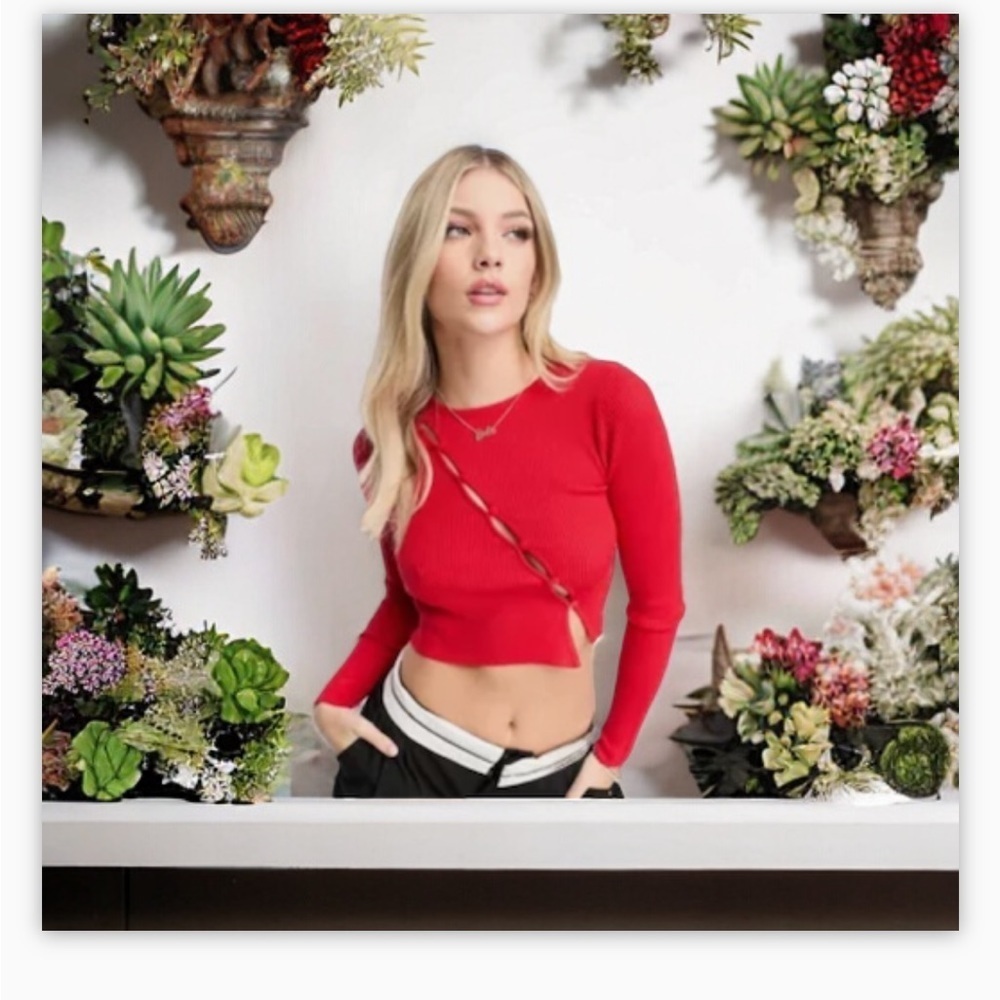 ASOS-Diagonal Lace-Up Long Sleeve Top-Seamless Ribbed Sz M-NWOT-Red-Garage-☀️❤️ - Picture 7 of 9